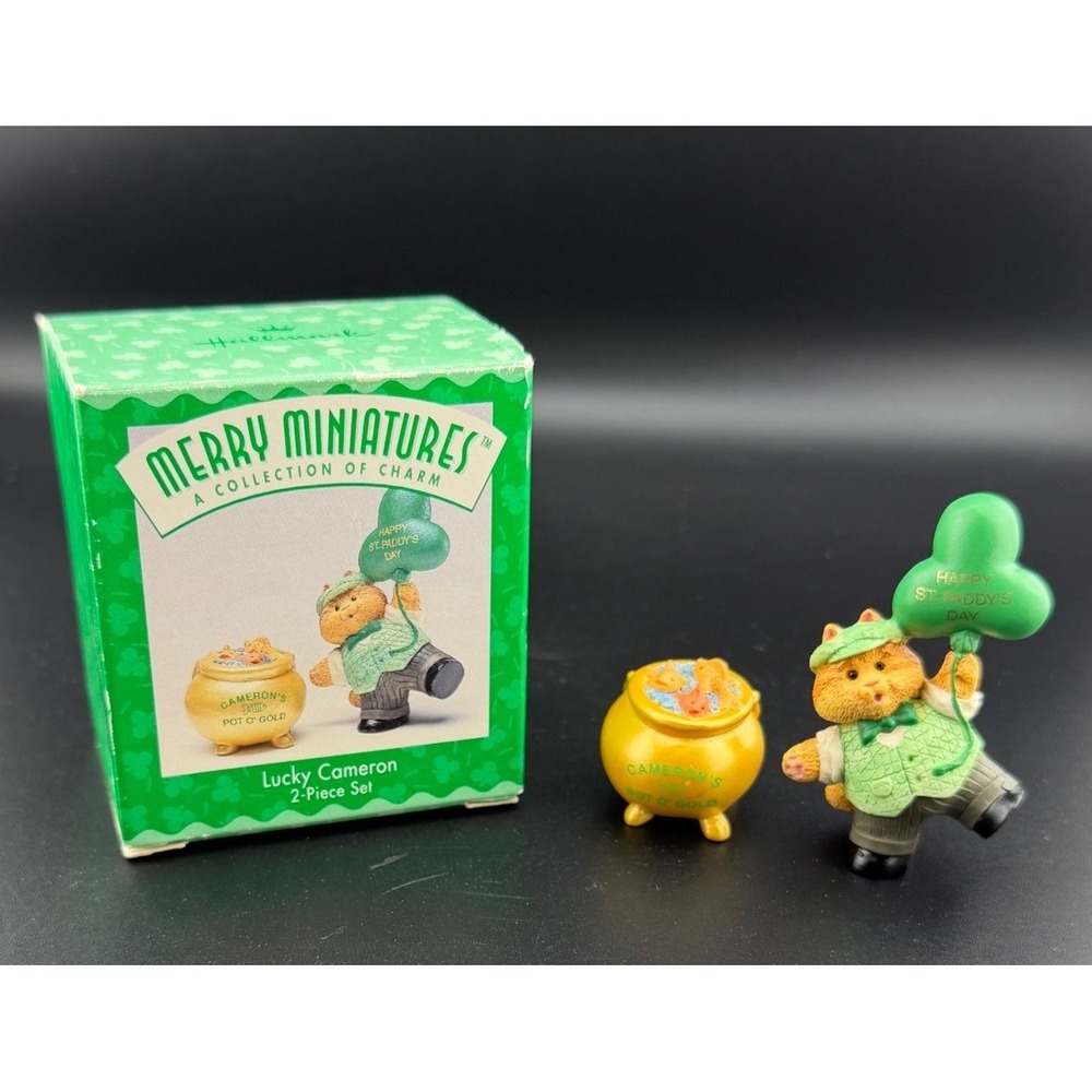 Hallmark Merry Miniatures Lucky Cameron 2 Piece Set 1996 St Patricks Day Cat